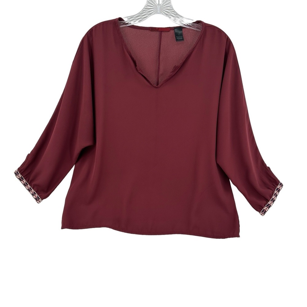 BKE Red Womens Burgundy Split V-Neck Blouse 3/4 Sleeve Embroidered Cuff Large